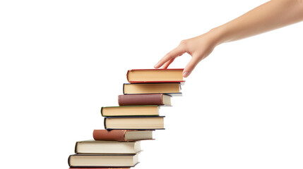 Hand and book stairs isolated on white and transparent background, cut out png