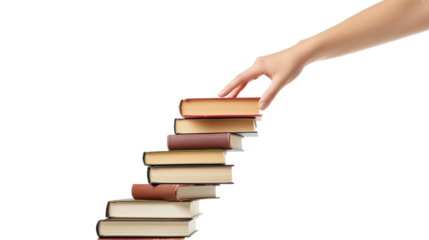 Hand and book stairs isolated on white and transparent background, cut out png