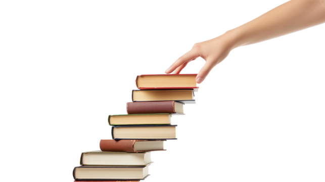 Hand and book stairs isolated on white and transparent background, cut out png