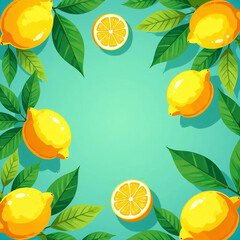 A vibrant flat illustration of lemons and oranges, with tropical leaves, creating an exotic summer pattern The background is a soft blue color that complements the bright colors