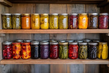 A kitchen shelf filled with colorful jars of homemade pickles and preserves