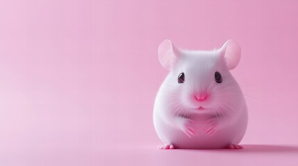 A tiny white hamster sits against a solid pink background, looking directly at the camera with its small pink paws visible!