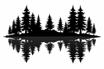 reflection in water pine tree forest silhouette line art vector illustration