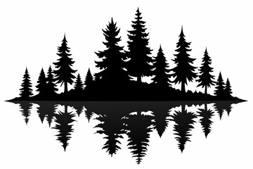 Obraz premium reflection in water pine tree forest silhouette line art vector illustration