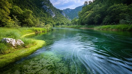 Tranquil river flowing through lush green forest with mountain reflections