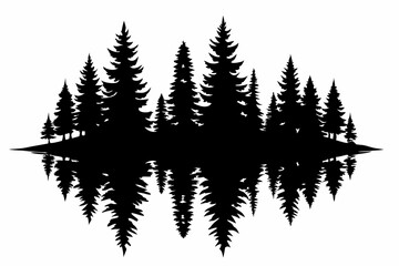 Obraz premium reflection in water pine tree forest silhouette line art vector illustration