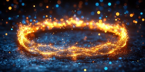 Bright golden particles and flares arranged in a circular fashion