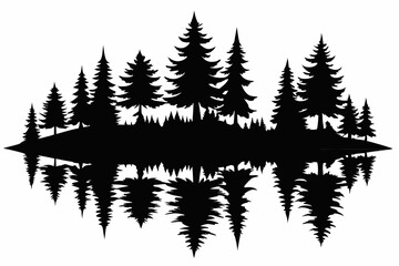 Obraz premium reflection in water pine tree forest silhouette line art vector illustration
