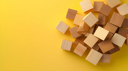 Obraz premium Pile Of Wooden Cubes On Bright Yellow Background