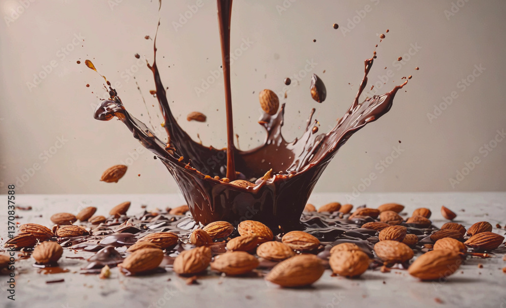 Poster Chocolate splash is on a table with a pile of almonds. The chocolate is dripping from the top of the splash