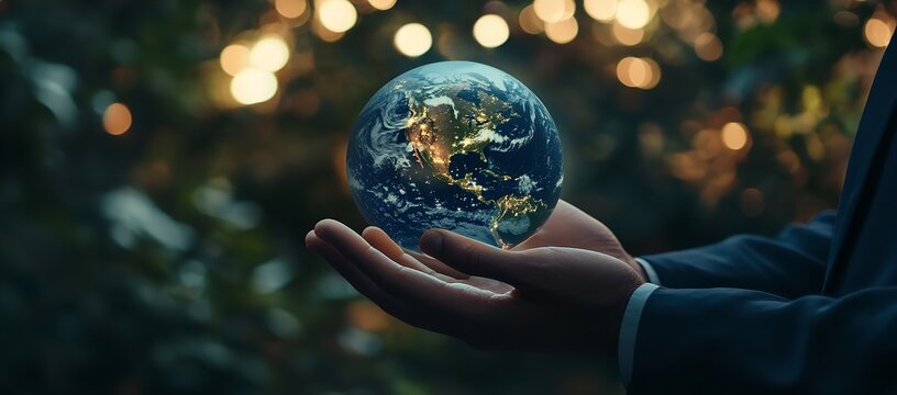 Businessman holding globe in hands representing earth care and global concept blue planet in male ecology and background of business and nature communication travel and future technology