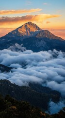 Majestic Mountain Peak Soaring Above a Sea of Clouds at Sunset A breathtaking view of nature's beauty perfect for travel and nature documentaries