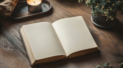 A calm, empty open notebook on a simple table, with clean lines and minimal decor like a light candle, a small tray, and a delicate plant