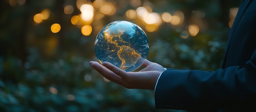 Businessman holding globe in hands representing earth care and global concept blue planet in male ecology and background of business and nature communication travel and future technology - Powered by Adobe