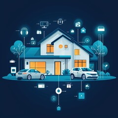 Modern smart home with digital connectivity icons and glowing windows illustration