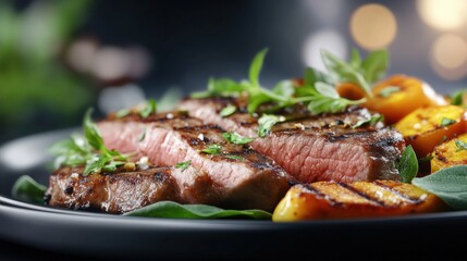 Grilled steak and vegetables gourmet kitchen food photography indoor close-up culinary delight