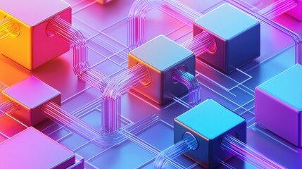 Obraz premium Futuristic 3d interconnected cubes with glowing multicolored pathways - technology and data flow concept