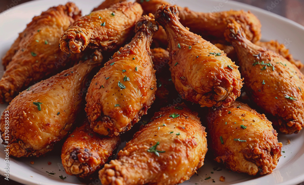 Poster plate of fried chicken with parsley on top. the chicken is cut into pieces and is piled on top of ea