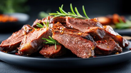 Delicious grilled steak with herbs kitchen food photography culinary environment close-up view gourmet concept for food lovers