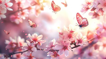 Butterflies and Cherry Blossoms in Spring