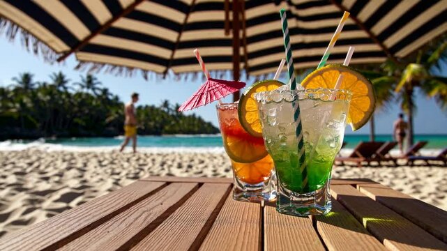 Colorful tropical cocktail with citrus and ice sits by the beach, capturing refreshing island vibes and vibrant summer escape moments