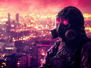 Conceptual Representation of Biohazard Suit Under Neon Lights in Urban Environment