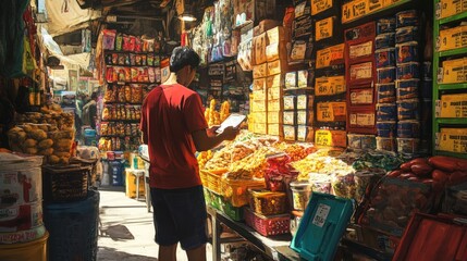 Man using tablet at bustling local market examining nut product labels