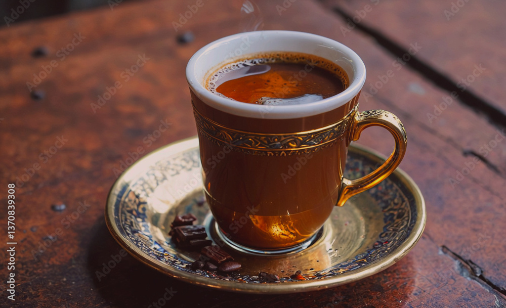 Poster cup of coffee is sitting on a saucer. the saucer is gold and has a design on it