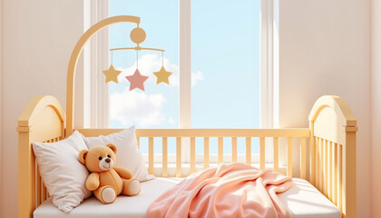 Serene mobile swaying above crib, tranquil morning ambiance