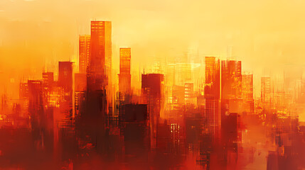 Fototapeta premium An abstract cityscape painting with warm oranges and yellows, evoking emotions of warmth and nostalgia with artistic flair and creativity. Dusky Reflection. Illustration