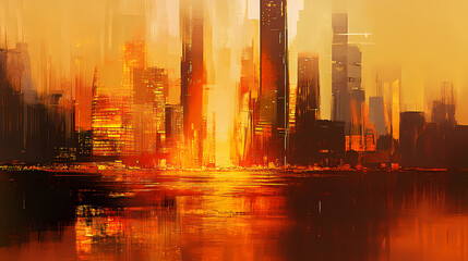 An abstract cityscape painting with warm oranges and yellows, evoking emotions of warmth and nostalgia with artistic flair and creativity. Dusky Reflection. Illustration