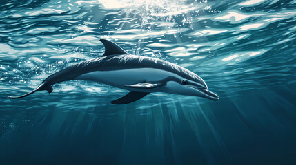 Fototapeta premium Dusky dolphin swimming in ocean water. Dusky Reflection. Illustration