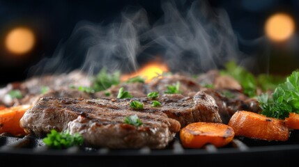 Grilling juicy steak and carrots outdoor bbq event culinary photography nighttime ambiance close-up shot flavorful cooking