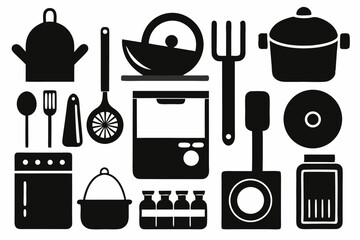 set of kitchen elements icon silhouette line art vector illustration
