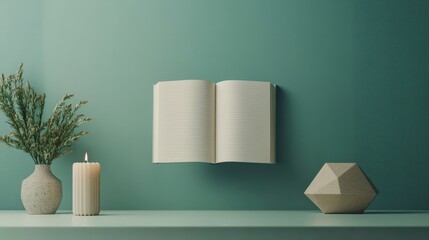A floating open notebook above a minimalistic table with blank pages visible, a small candle, and a geometric sculpture nearby for a subtle touch