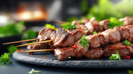 Grilling juicy beef kebabs backyard barbecue food photography cozy environment close-up shot culinary delight