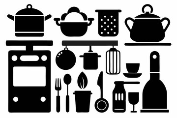 set of kitchen elements icon silhouette line art vector illustration