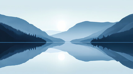 Serene mountain lake reflecting dusky blue hills. Dusky Reflection. Illustration