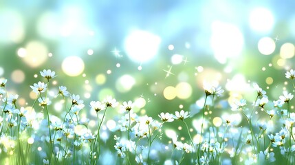 Fototapeta premium Dreamy meadow of white daisies against soft bokeh background with morning dew and sunlight creating magical atmosphere. Gentle spring nature scene.