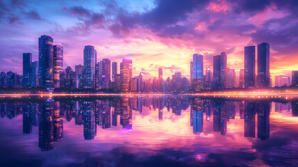 Fototapeta premium Urban skyline at twilight, with glowing skyscrapers reflecting in a calm river, showcasing a vibrant city life under a dusky sky. Dusky Reflection. Illustration