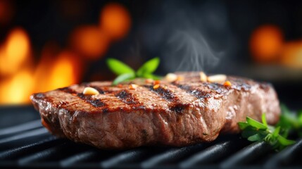 Sizzling grilled steak cooking backyard bbq food photography evening ambiance close-up culinary delight