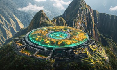 Futuristic platform atop Machu Picchu ruins in Andes Mountains