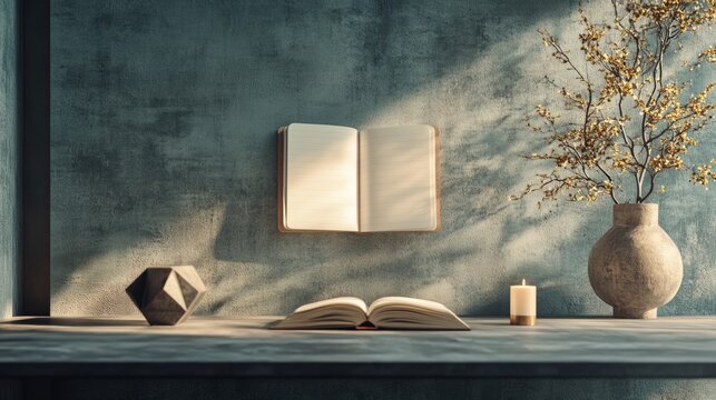 A floating open notebook above a minimalistic table with blank pages visible, a small candle, and a geometric sculpture nearby for a subtle touch - Powered by Adobe