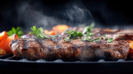 Grilling juicy steak on a bbq outdoor kitchen food photography night setting close-up culinary delight
