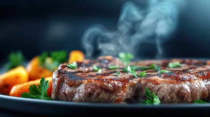 Grilling juicy steak with fresh vegetables outdoor kitchen culinary photography cozy atmosphere close-up view gourmet cooking