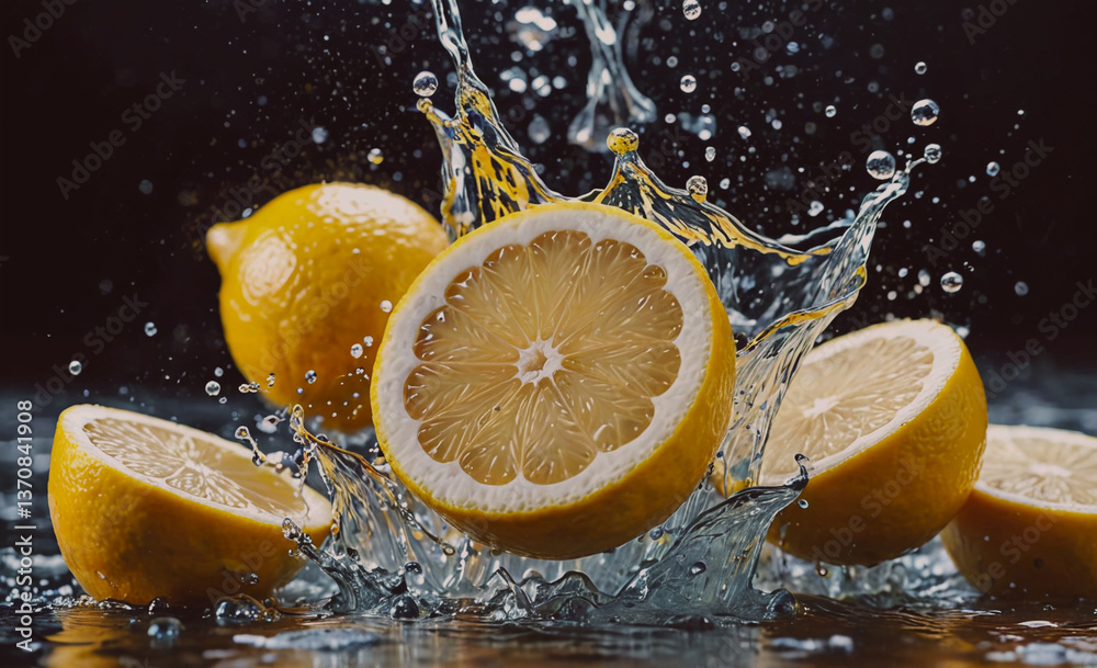 Poster lemon is sliced and is in the water. there are other lemons in the water as well