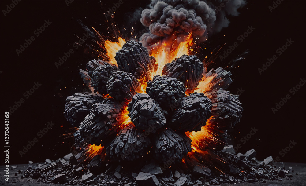 Poster Massive pile of rocks with a raging fire in the center. The fire is surrounded by the rocks, creating a chaotic and dangerous scene. The rocks are of various sizes and shapes, with some larger and