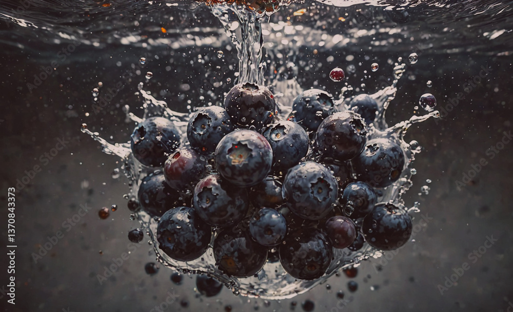Poster Bunch of blueberries are floating in a pool of water. The water is splashing and the berries are floating on top