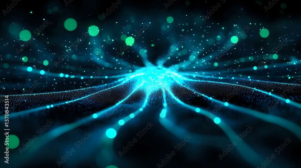 Poster glowing blue light rays and particles burst from central point against dark background, creating dyn