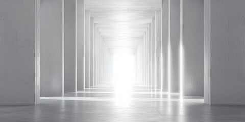 Obraz premium A minimalist architectural scene featuring a long corridor with tall rectangular pillars evenly spaced on both sides, creating a symmetrical perspective leading to a bright white light at the far end,